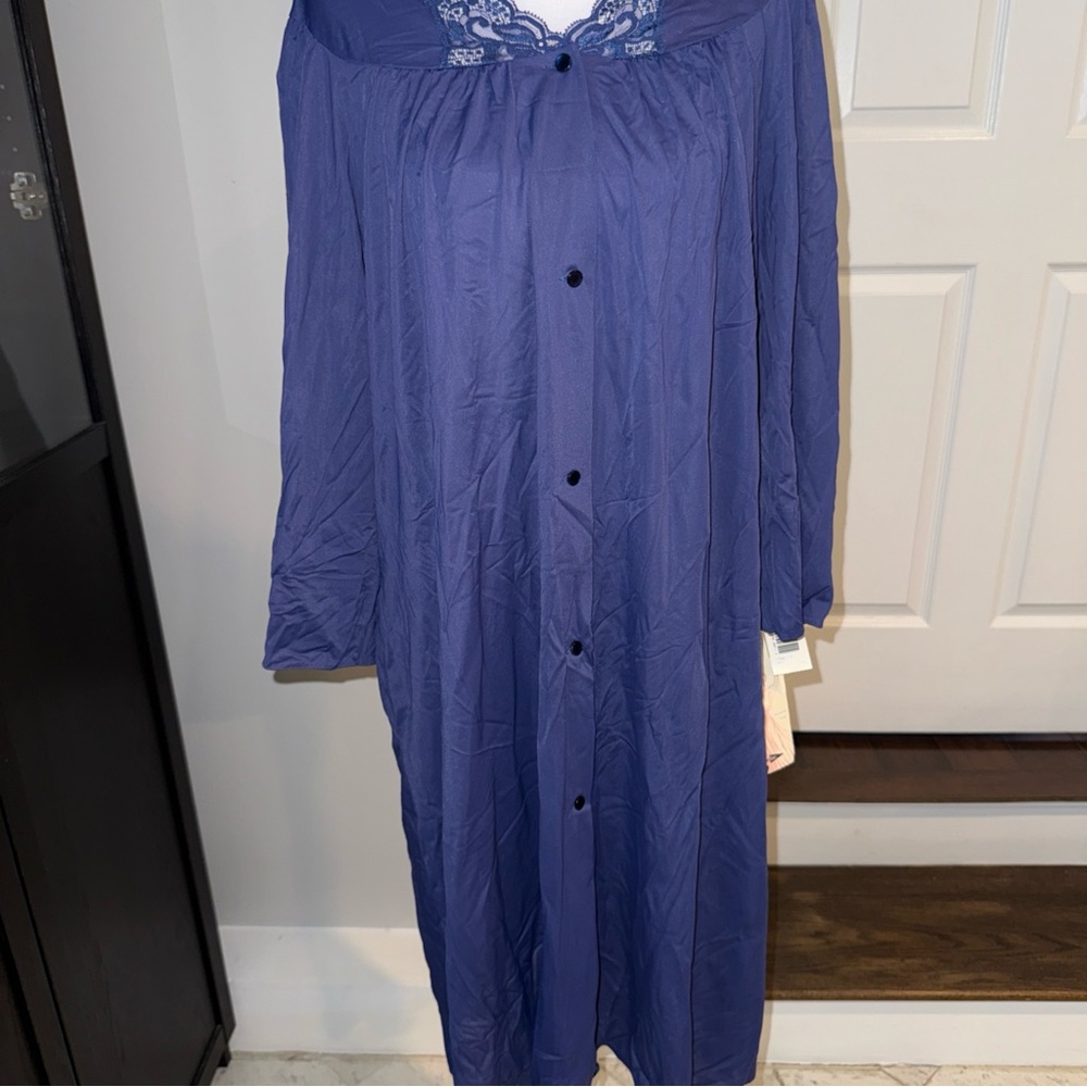 VINTAGE SHADOWLINE Opacitrique LONG  NYLON & LACE‎ NIGHTGOWN, Med Navy